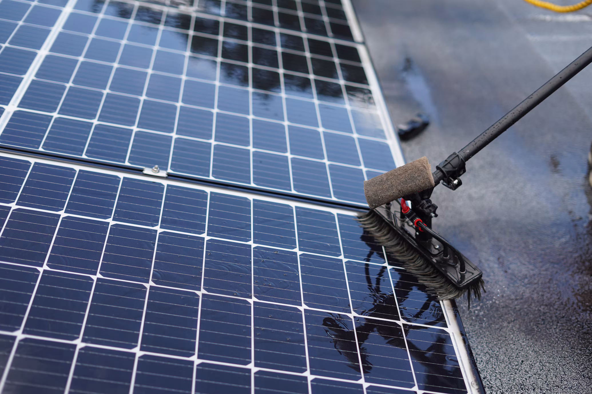 Solarmodule werden mit einer Reinigungsbürste gesäubert